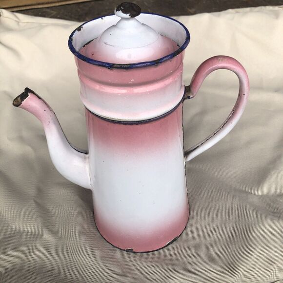 Vintage ENAMELED COFFEE POT  Pink 3 Piece CUTE!! - Picture 2 of 15